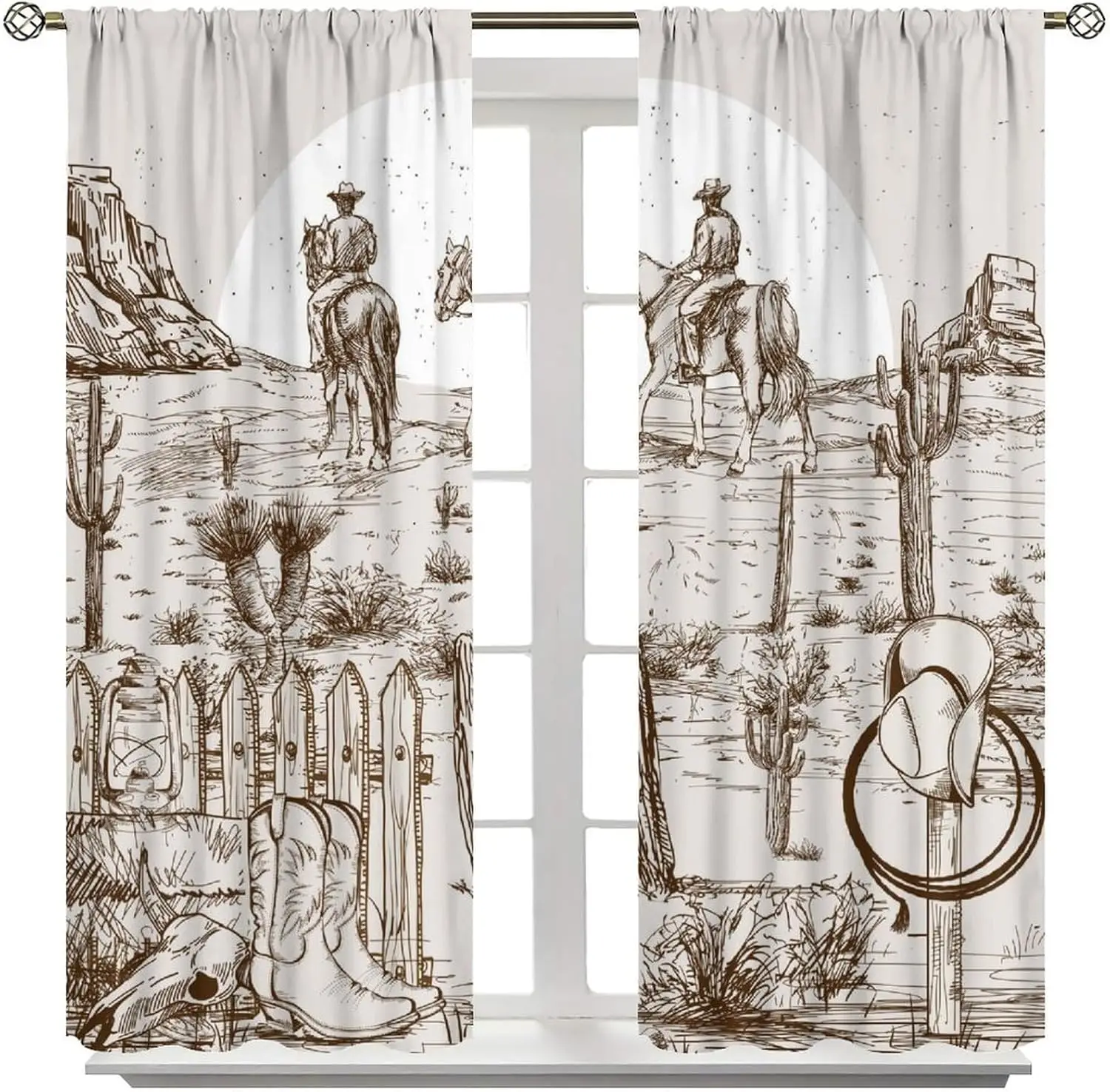 Cowboy Curtains for Kids, Hand Painted Western Canyon Desert Cactus Ranch Horse Window Drapes for Boys Girls Bedroom Decor