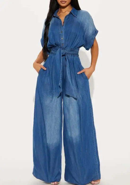 

Summer New Solid Color Collar Button Front Strap Waist High Waist Wide Leg Jumpsuit Women's Casual British Fashion Jumpsuit