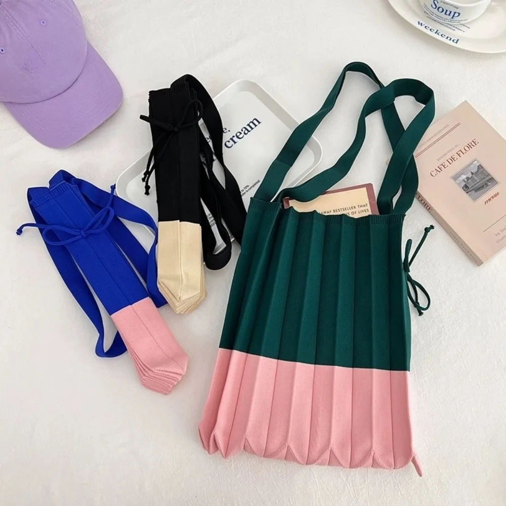 Handbag Knit Folding Shopping Bag Shoulder Pouch Eco-Friendly Foldable Eco Bag Contrast Color Large Capacity Pleated Bag Outdoor