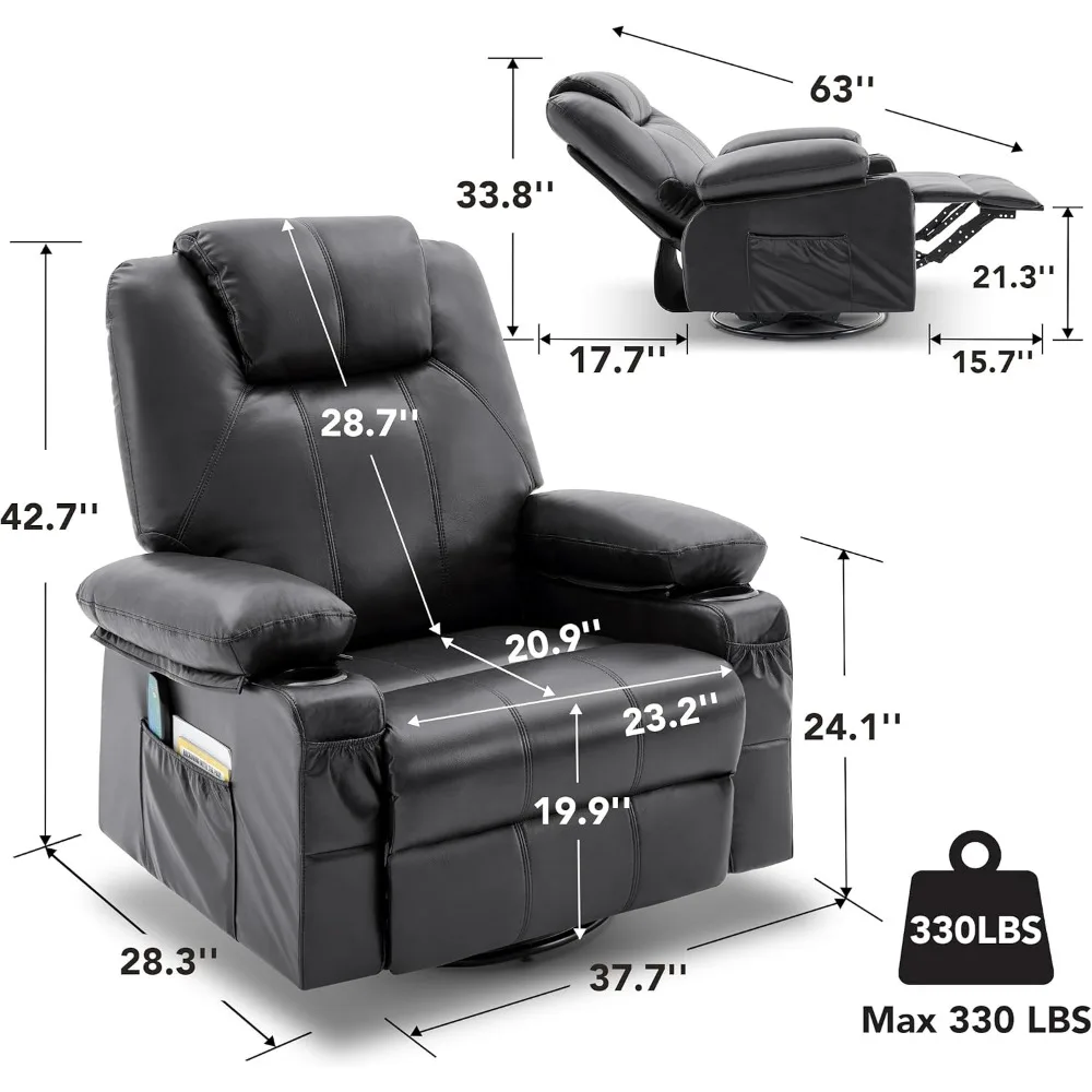 Oversized Swivel Rocker Recliner Chair with Heat and Massage, Cup Holders and USB Port,Big Large Recliner Chair for Living Room