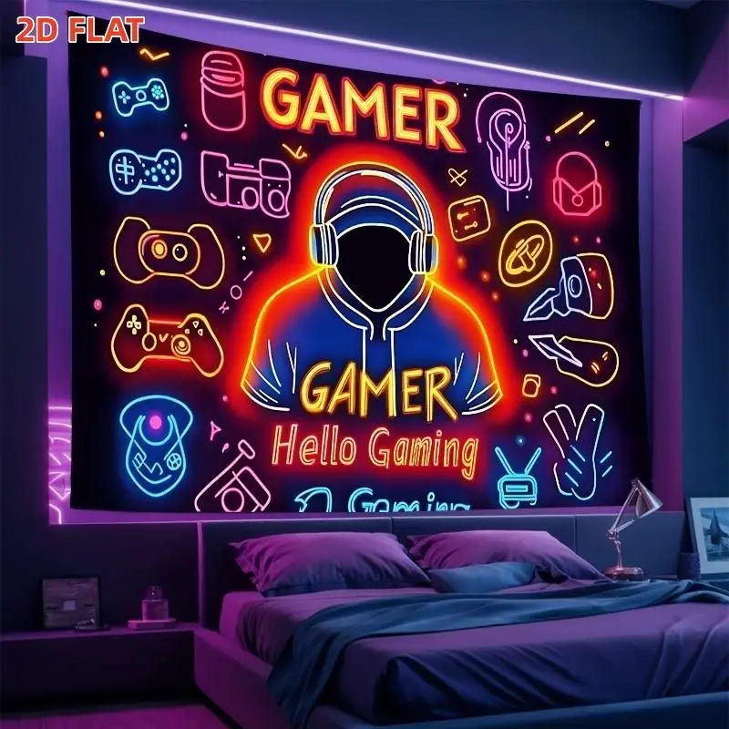 VIKAMA Neon Gamer Tapestry Game Controller Polyester Wall Hanging Gaming Room Aesthetic Bedroom Dorm Living Room Home Decor