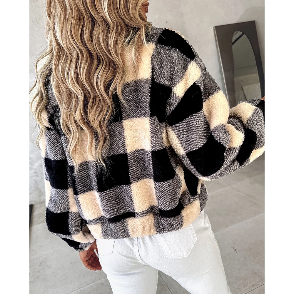 Autumn Winter Casual Women Plaid Print Colorblock Fleece Teddy Coat Femme Pocket Design Turn-down Collar Jackets