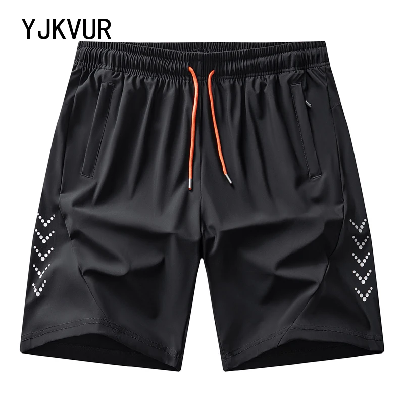 

Мужские быстросохнущие спортивные шорты из ледяного шелка, дышащие, 5-дюймовые, со светоотражающими полосами, с множеством карманов, на шнурке, для бега, спортзала, пляжа, больших размеров