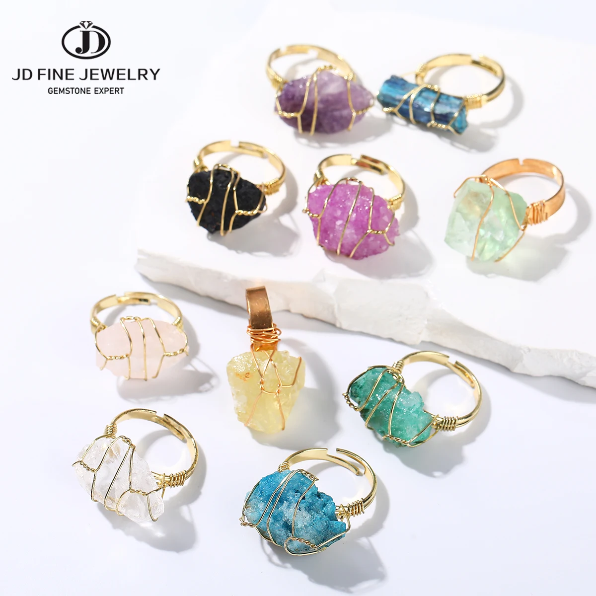 JD Natural Raw Crystal Stone Wrapped Copper Wire Rings Men Women Bohemian Energy Healing Rough Stone Ring Friend Party Gifts