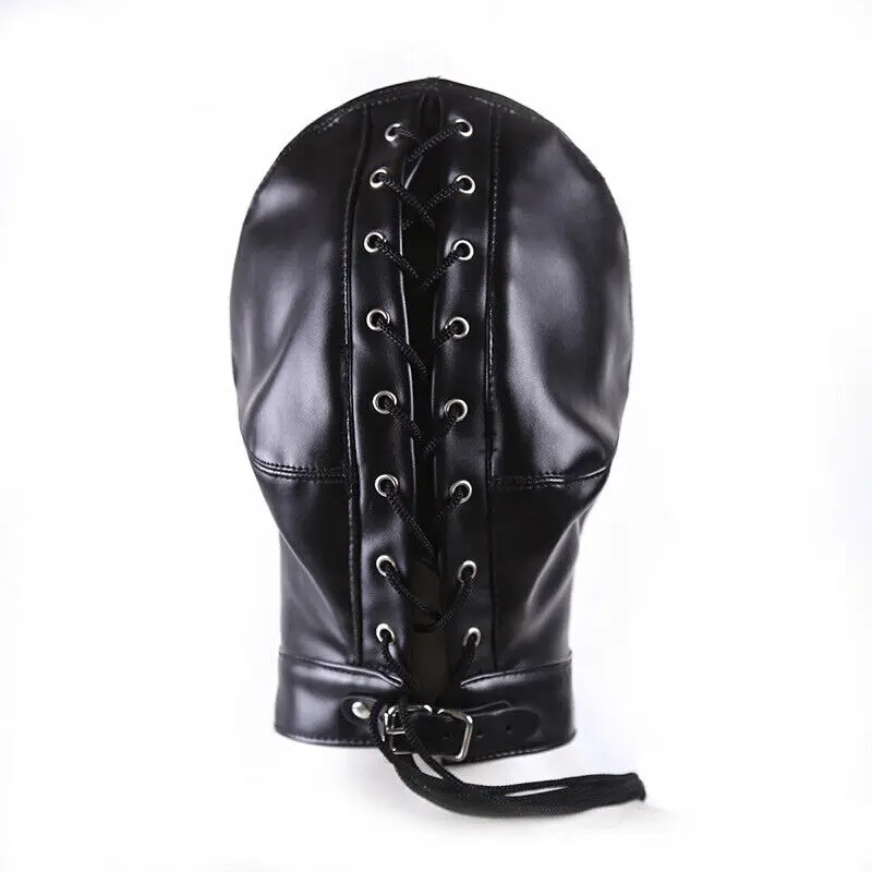 PU Leather BDSM Black PU Leather Hood Mask Full Head Face Cover Costume Restraint for Role Play Cosplay  Adult Toys Sexy Toys