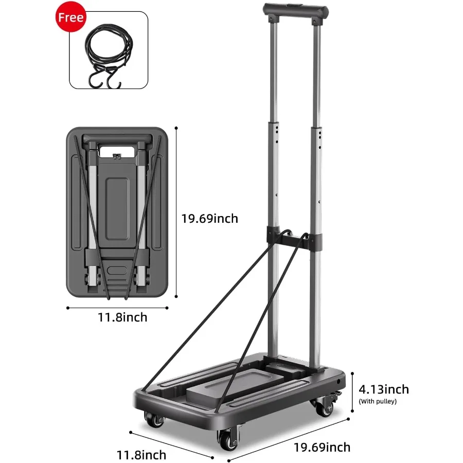 Folding Hand Truck Heavy Duty Dolly Cart with 4 Wheels No Assembly Required Luggage Cart with Bungee Cords Moving Cart Trolley