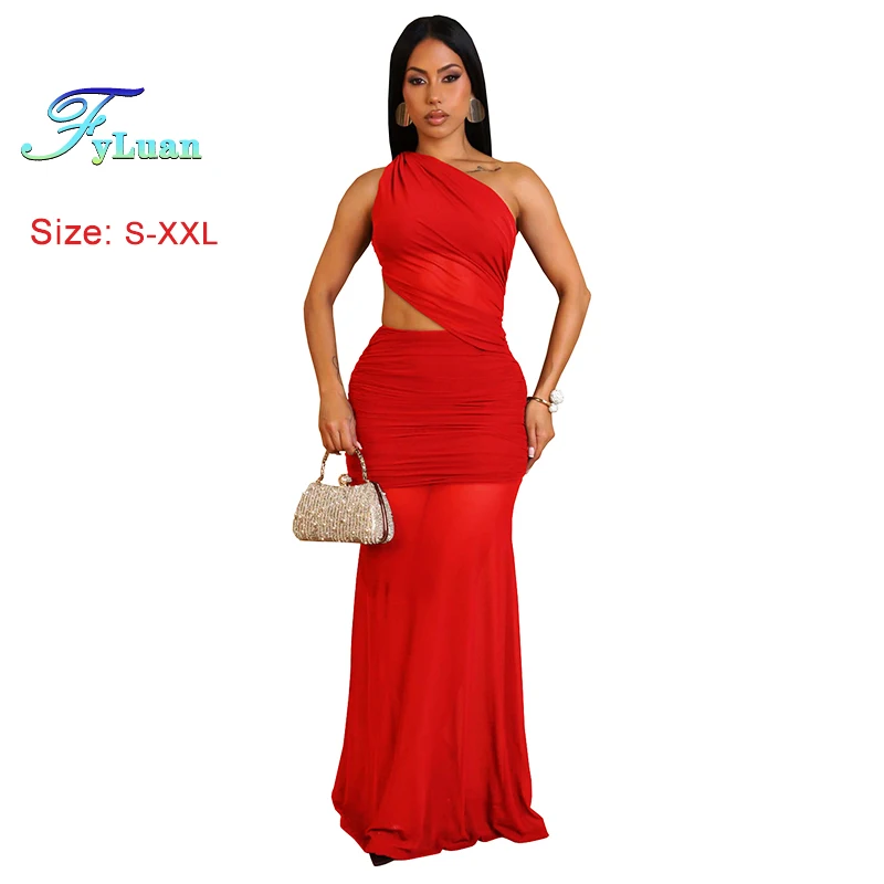 ชุดเดรสยาวสำหรับผู้หญิงแฟชั่น เซ็กซี่ ทรงเอซิมเมตริก เว้าเอวเฉียงไหล่เฉียง ผ้าตาข่ายซีทรูเปิดหลัง เหมาะสำหรับงานพรอม