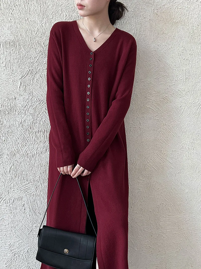 UMI MAO Retro Elegante Einfarbig V-ausschnitt Langreiher Strickjacke frauen Herbst Neue Kollektion Einfache Lange Mantel