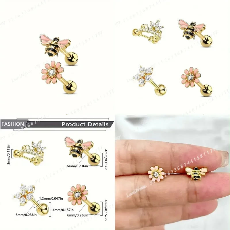 4pcs Stainless Steel Spiral Cartilage Earrings for Women Honeybee Flower Cutout with Zirconia Insets Fashionable Adaptable
