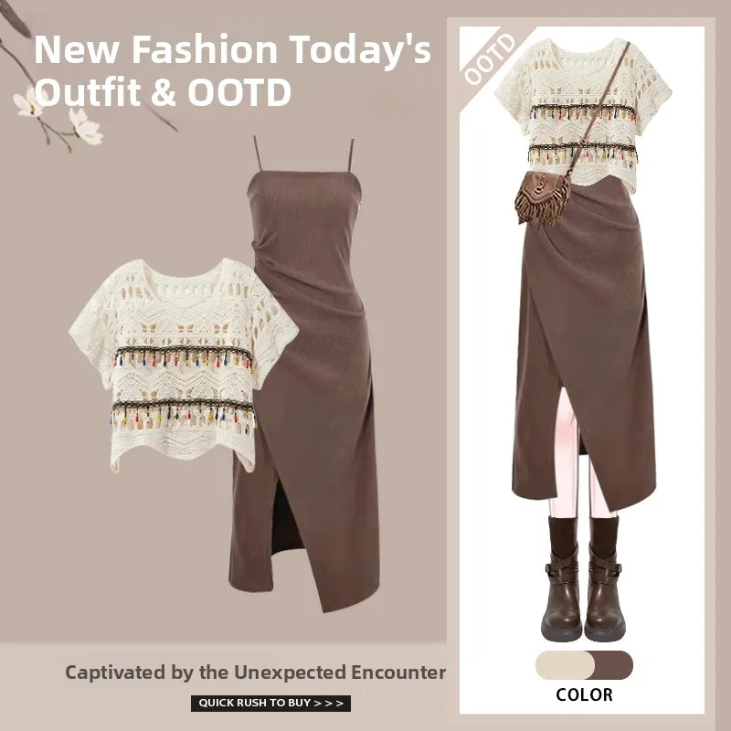 Estate vintage da donna Design Sense etnico Sle scava fuori Cover up Top cinturino asimmetrico Dr set da due pezzi gonna a trapezio