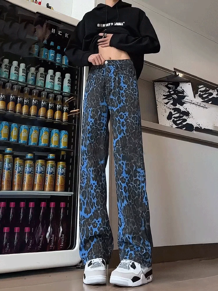 Retro Blue Leopard Print Men's Straight Leg Jeans High Street Sle Casual High Waist Denim Pants Trendy Streetwear
