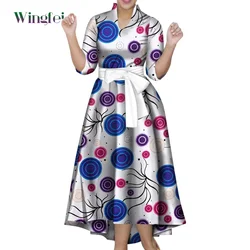 African Dresses for Women Floral Print Maxi Long Dresses Short Sleeve with Belt Elegant Dashiki African Lady Clothes WY408