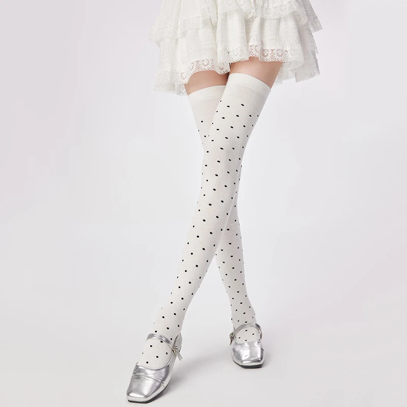 Spring Ladies Polka Dot Knee High Socks Fashionable High Quality Combed Cotton Stockings Suitable For Women\'s Clothing With Gift