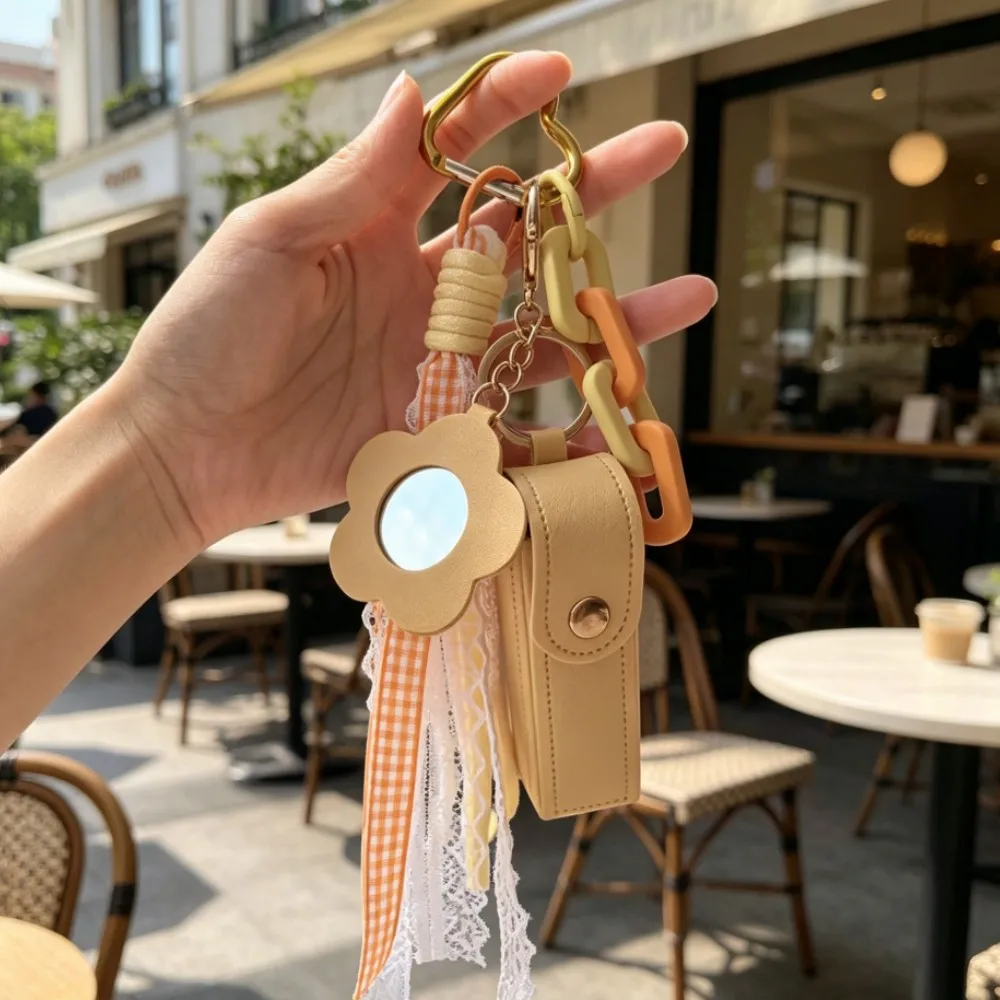 Sweet Lace Tassel Lipstick Case Keychain, Yellow PU Bag Charm with Flower Mirror, Aesthetic Women's Backpack Accessory