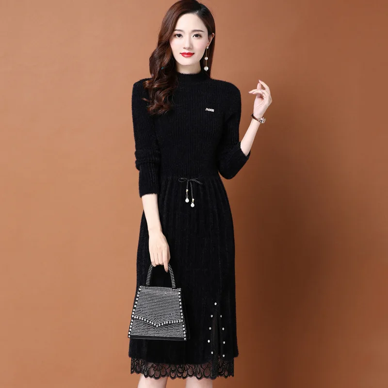 New Mink Cashmere Thick Warm Middle-long Sweater Dress For Women Elegant Slim Knit Pullover Top Autumn Winter Woman Clothes