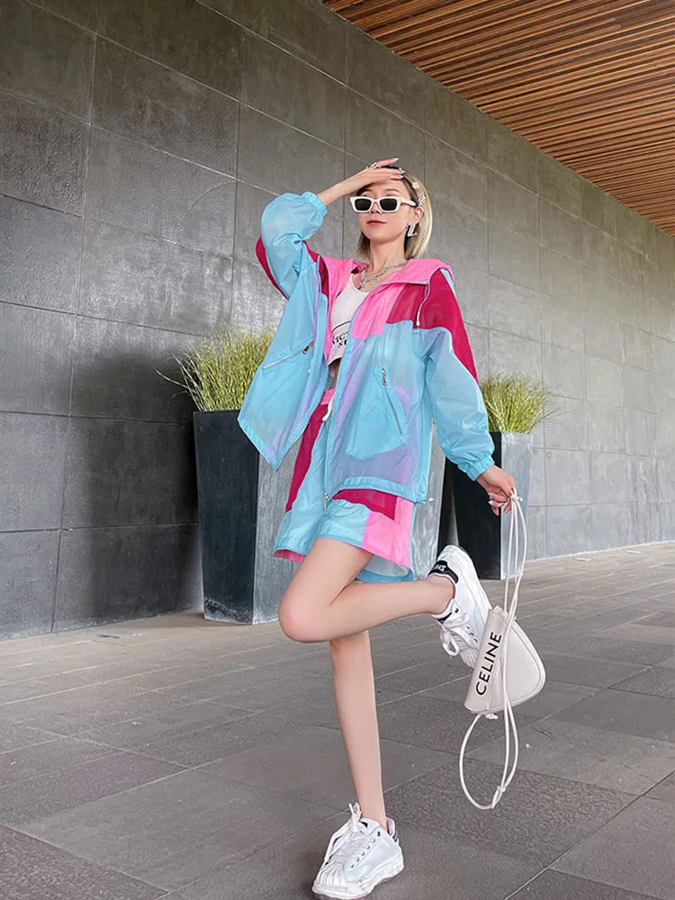 Sunscreen Fashion Suit Women Summer New Stitching Zipper Hooded Top+Elastic Waist Shorts Casual Two-piece Set Female sportswear