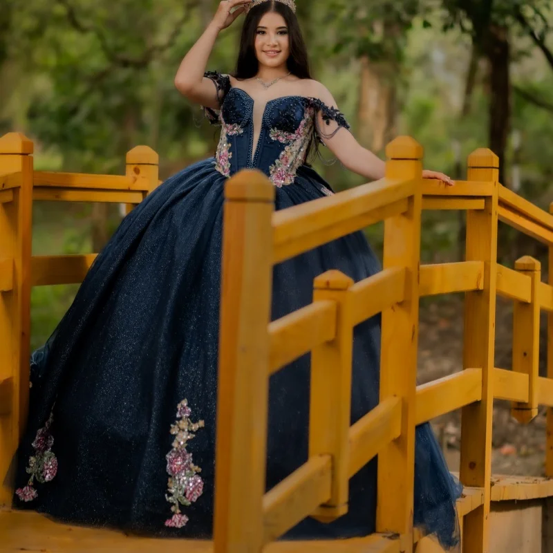

Shiny Dark Blue Quinceanera Dress off-shoulder Glitter Flower Decal Long tail Bow vestidos de 15 Quinceanera ﻿Customize