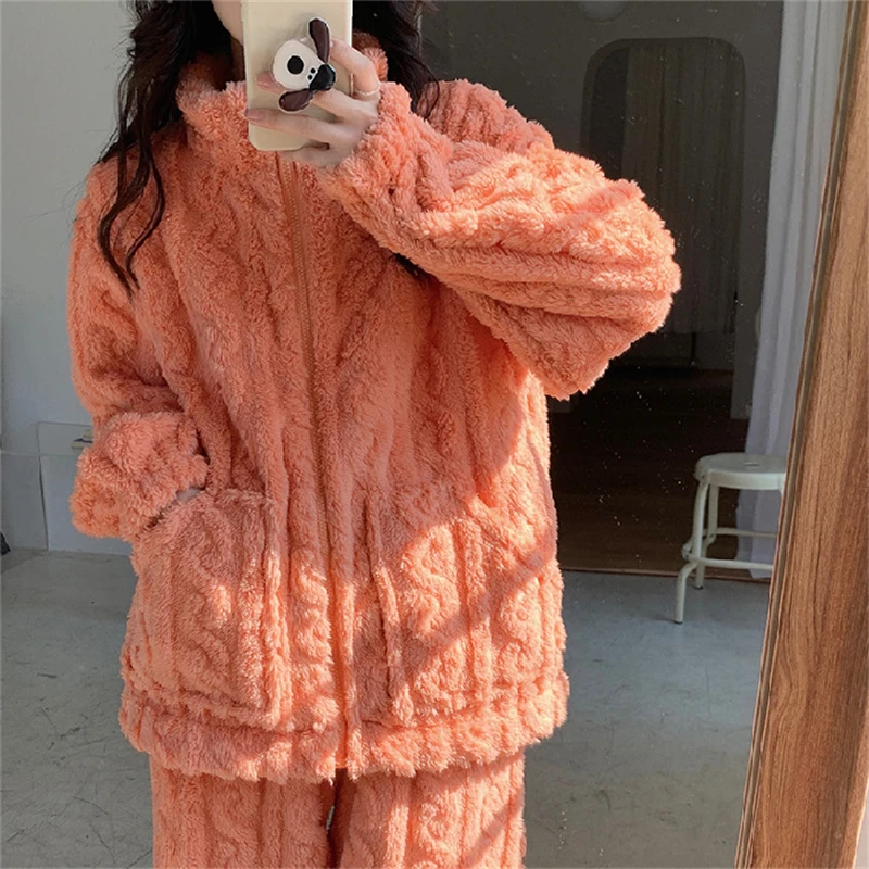 Autumn and Winter Fashion Two Piece Set 2Pcs Jacquard Textured Stand Collar Zip Up Fuzzy Teddy Top & Pants Set for Women - Image 3