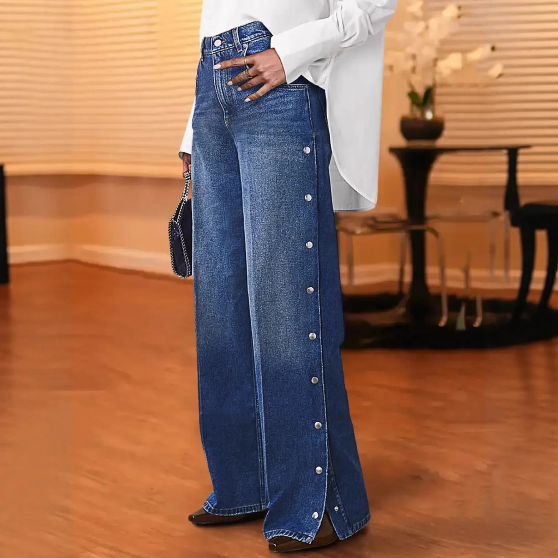 

Европейский и американский дизайн Sense of Love, брюки с заклепками, джинсы, тонкие прямые свободные брюки, женские