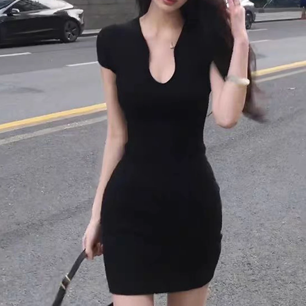 For Vacation V-neck Slim Dress Short Sleeved Daily Club Wear Dress S 40-50 KG Hip Hugging Design Solid Pattern
