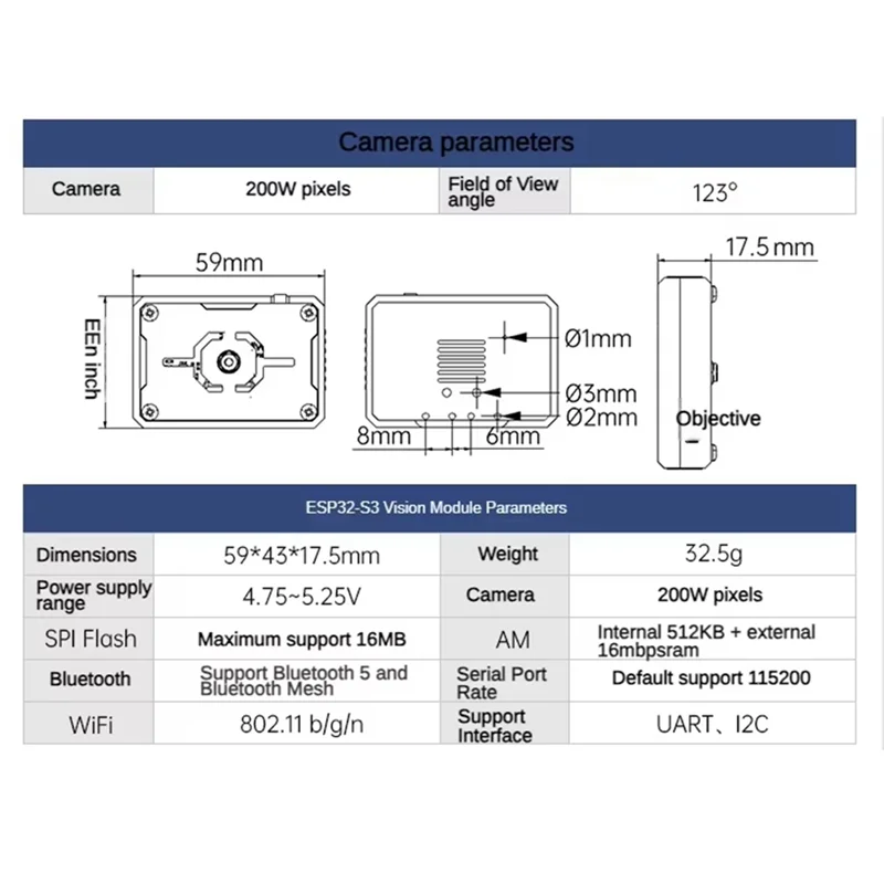 A72Z nouveau Module de caméra Wifi ESP32-S3 Transmission d'image pour ROS Robot chariot de voiture AI capteur de reconnaissance visuelle caméra