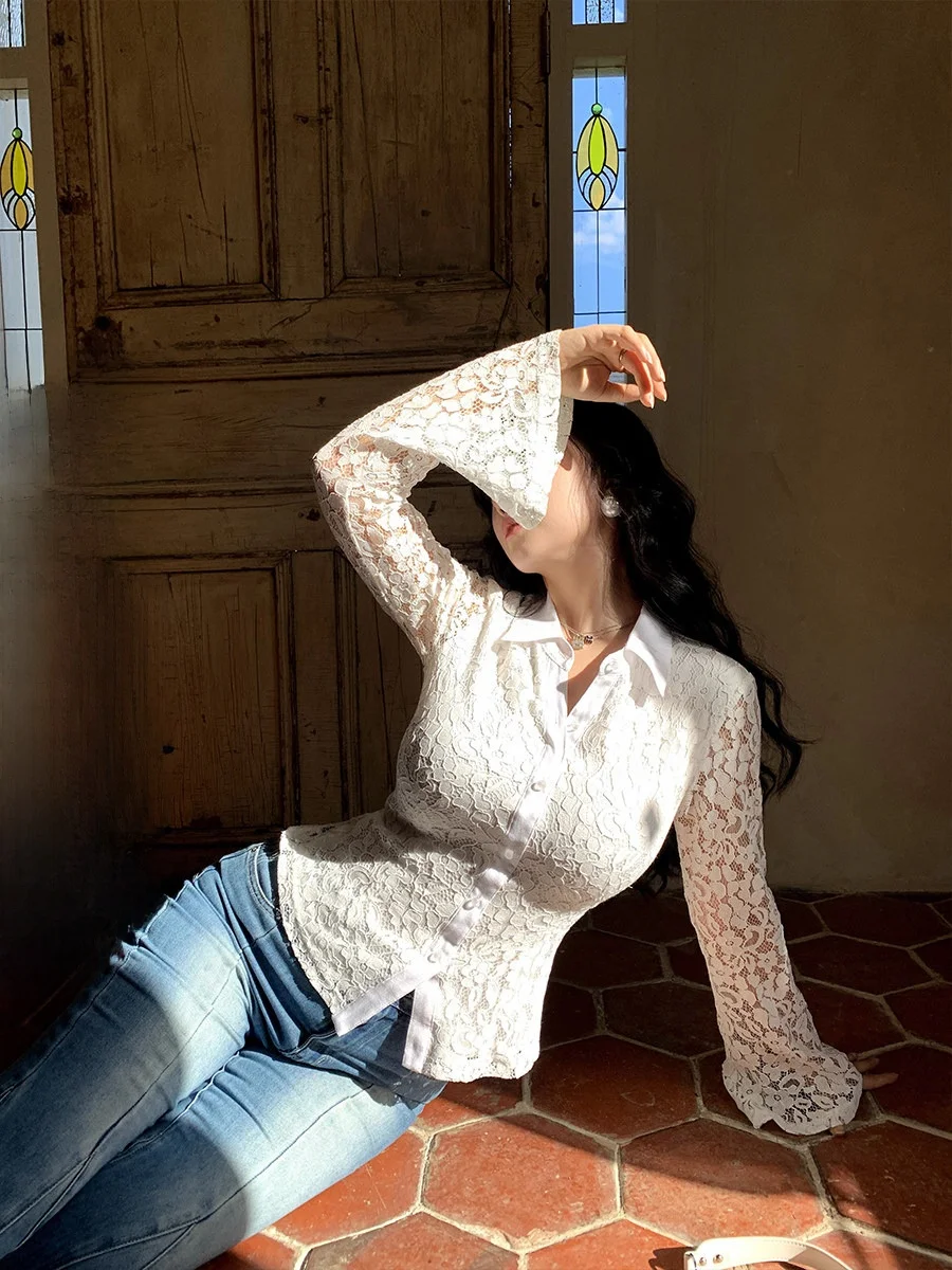 

Cherry Blossom Filter Sunlight Women's irt Gentle Sle Long Sve Flared Sve Bell Sve Turn-down Collar Breathable S...