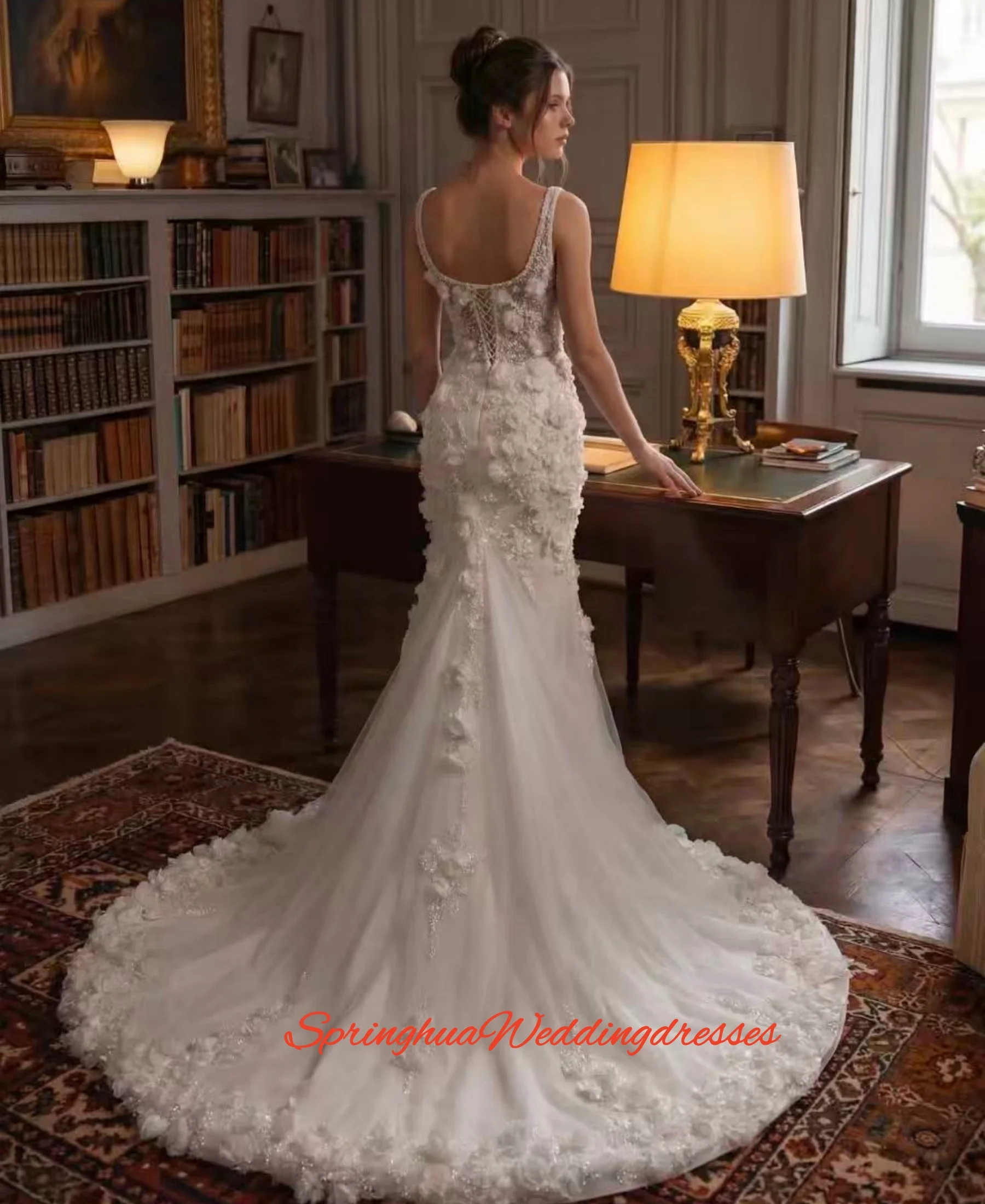 Customzied Slim shoulders, square neck, sleeveless Sexy Mermaid wedding Dress