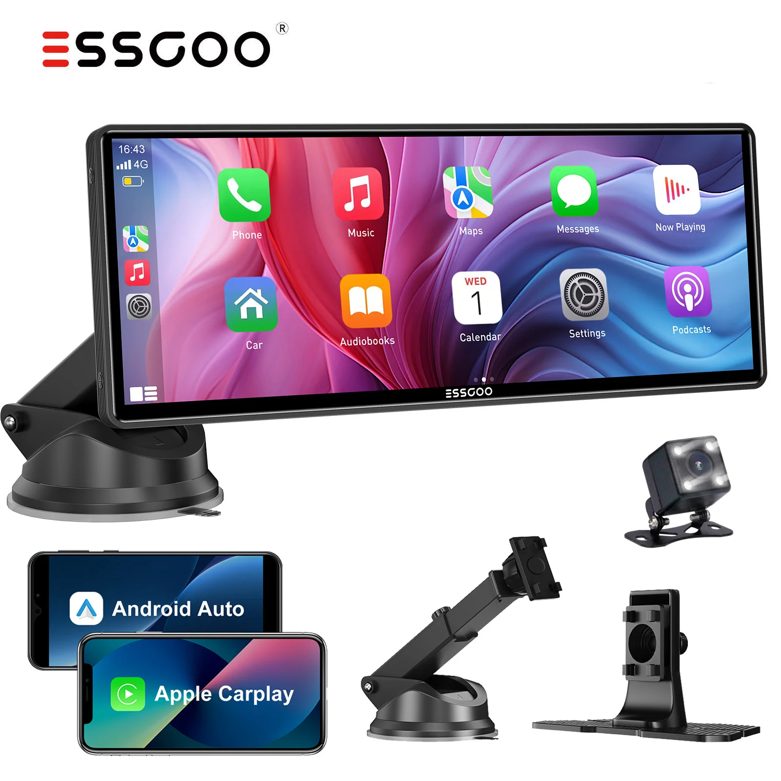 ESSGOO Rádio Multimídia Portátil para Carro de 10,26" 1080P com Carplay Sem Fio e Android Auto, Player MP5 Universal, Fácil de Instalar, Câmera OPT