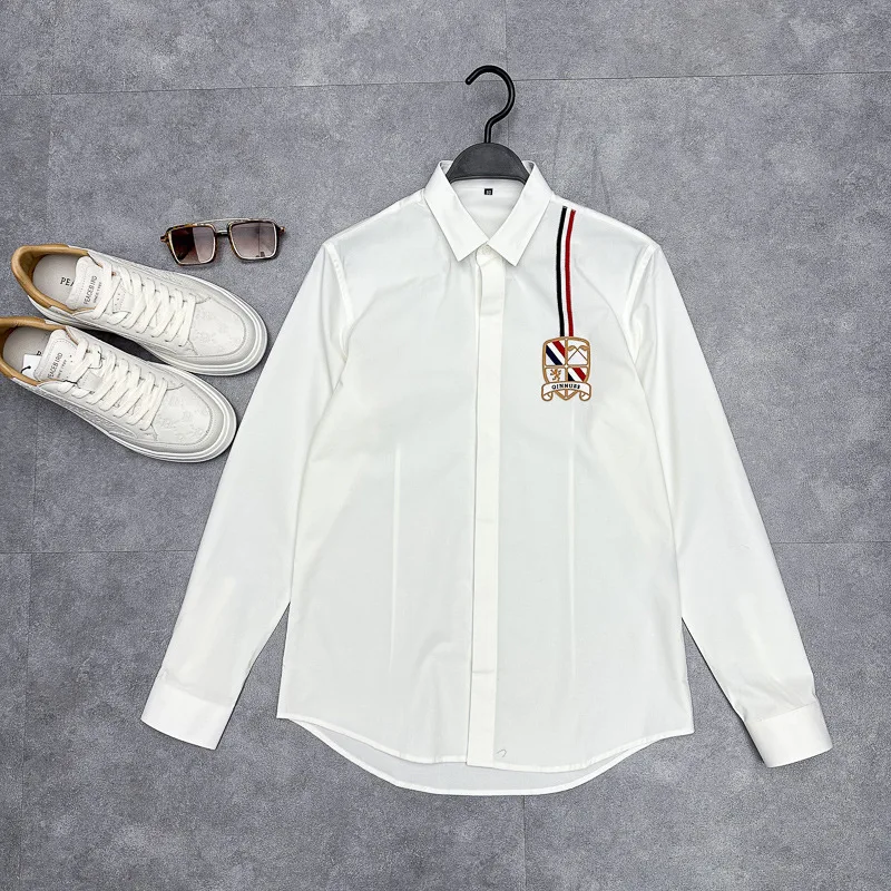 

Fashionable Striped Casual Long Sleeve Shirt for Men Spring Autumn White Collar Base Layer Shirt Versatile for Younger Audience