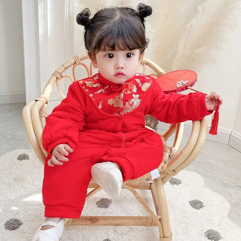 Baju katun murni Tradisional Cina 2 warna untuk bayi perempuan Kawaii Romper merah bordir Hanfu Tang Suit pakaian Tahun Baru