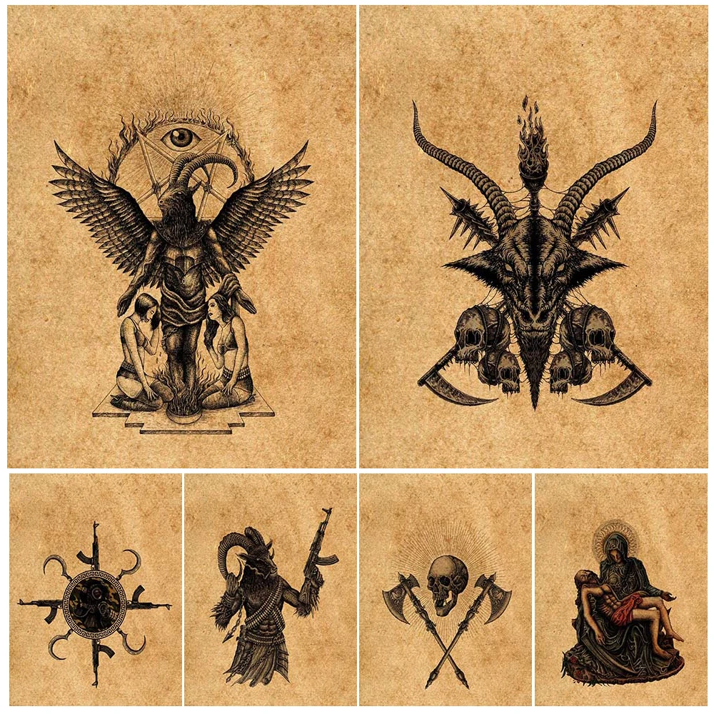 Weapons In The Hands Of The Devil,Vintage Wall Art Canvas Painting Witch,Priest,Demon,Witchcraft Tattoo Art Poster Print Decor