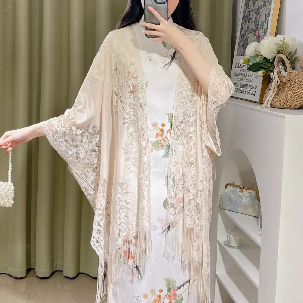 

New Elegant Cheongsam Shawl with Women's Thin Sun Protection Hollowed Out Tassel Shawl Lace Ruffles Short Accessories YC802