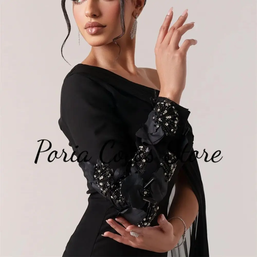 Vestido de noche negro de un hombro para mujer, vestido de fiesta de graduación con apliques de cuentas en la espalda, Jersey árabe saudita, elegante