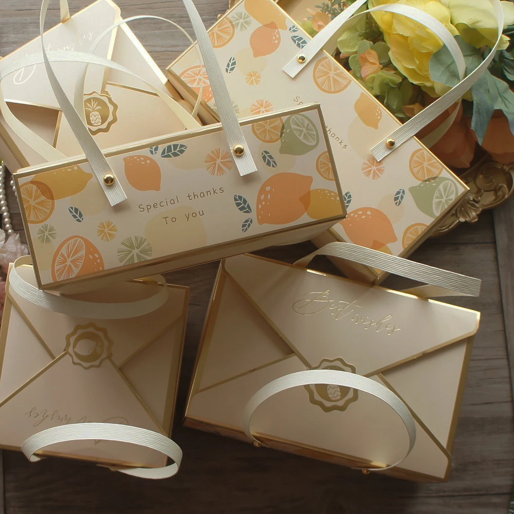 

2 Size 10pcs Gold Yellow Lemon Tree Envelop Paper Box with Handle Candy Cookie Chocolate Macaroon Party Gift Packaging