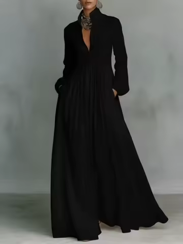 Elegant High Waist Swing Long Dress Woman Spring Solid Pockets Pleated Maxi Dress Spring Autumn Long Sleeve Button Evening Dress