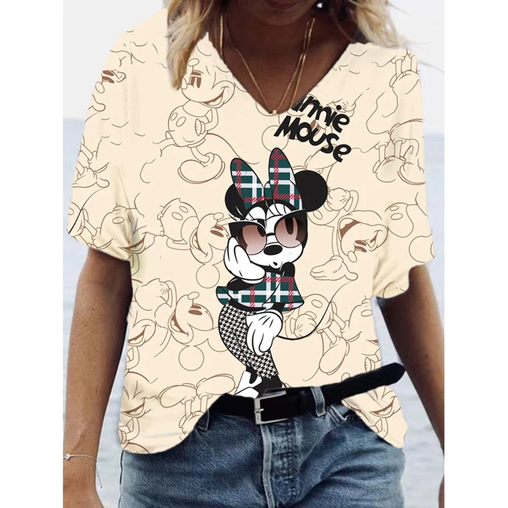 Summer Women's T-Shirt Short Sleeve V-Neck Disney Minnie Mouse Print Top Casual Street Loose 2023 Women's T-Shirt Top