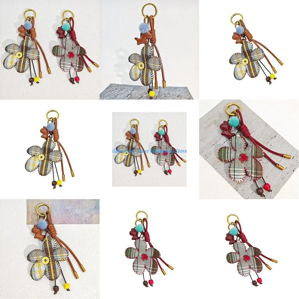 

573B Multifunctional Checked Flower Charm with Plush Ball for Keys or Bags Decoration