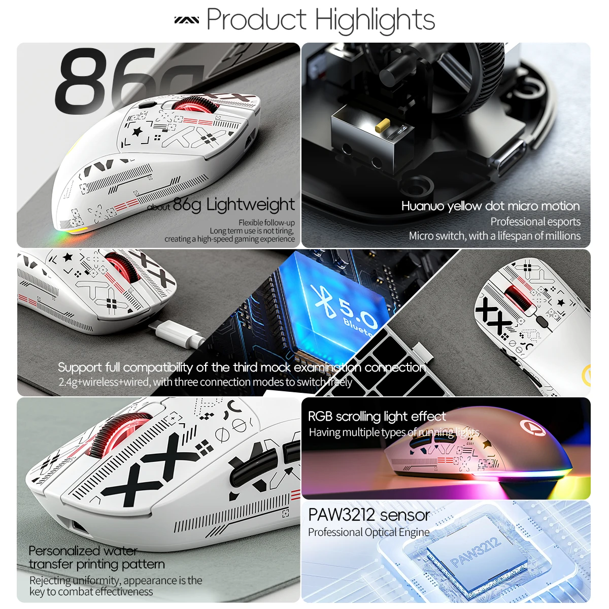 Souris de jeu YINDIAO G18 - troisième mode sans fil/filaire/BT, DPI réglable, conception ergonomique ultra légère pour les joueurs compétitifs