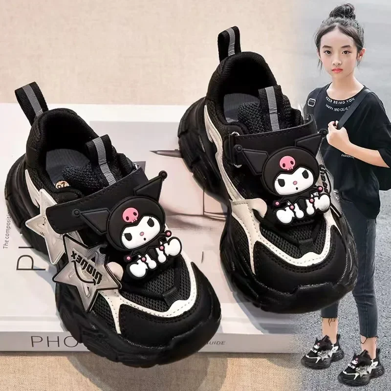 Sanrio Cute Cartoon Kuromi Sports Shoes Spring Autumn New Anti Slip Thick Soled Mesh Casual Sneakers Girls Outdoor Running Shoes