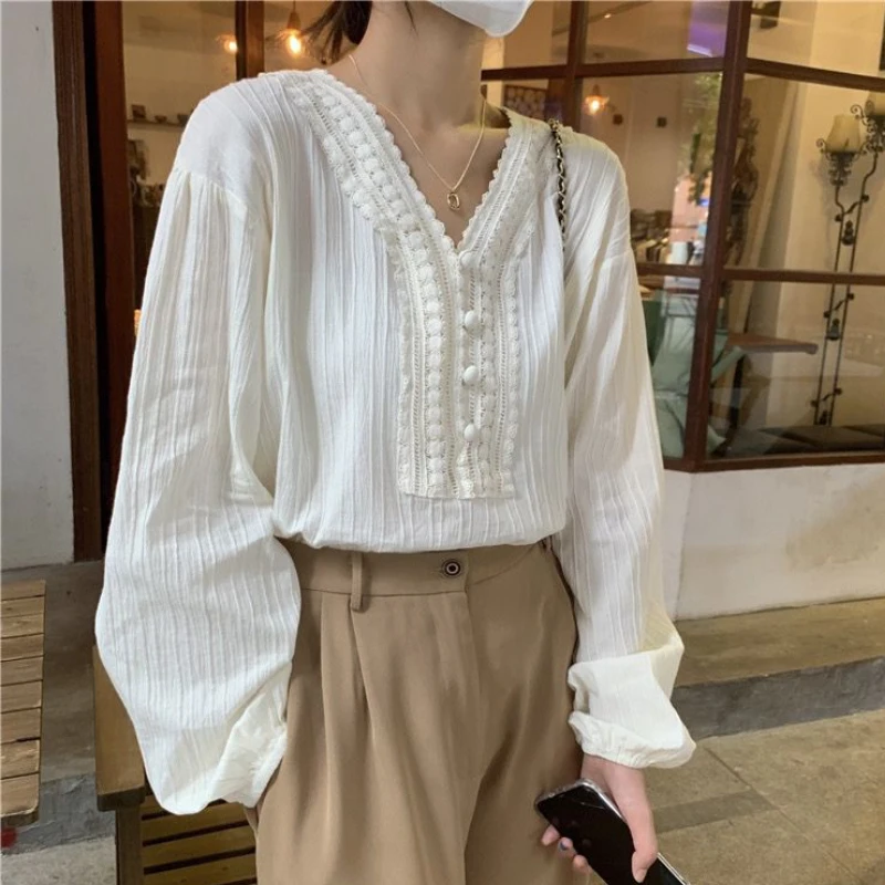 Blouses Women Chic Spring Korean Style Solid Ladies Daily All-match Casual Fashion Loose Streetwear Elegant Lace Students Soft