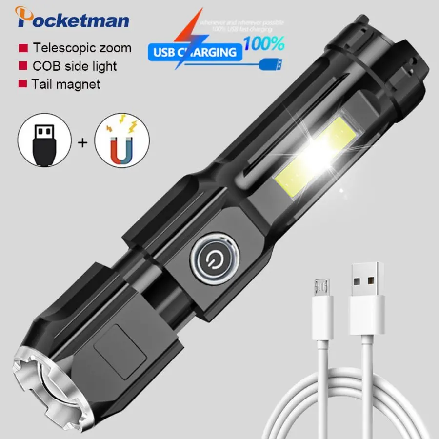 

Portable USB Rechargeable Flashlight with COB Side Lights High Power Work Light Outdoor Emergency Torch for Camping Hiking