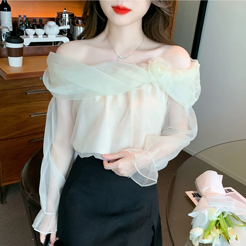 utumn New French Off Shoulder Top Sexy Sweet Long Sleeve Chiffon Shirt Blouse Women\'s 3D Flower Pink Off White Shirt Top