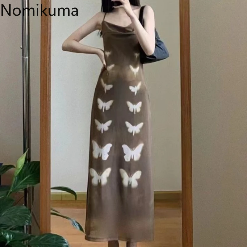 

Vintage Women Two Piece Sets Knitted Thin Cropped Cardigan Butterfly Print Tunic Sling Maxi Dresses Outfits Fashion Korean Suit