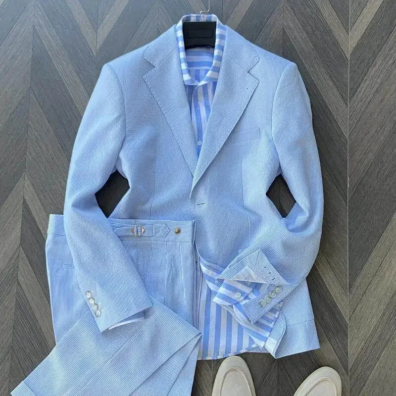 Early autumn texture seersucker light blue strip old money style suit men's business commuter thin suit
