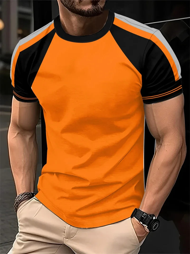 Men's Orange Black Color Block T Shirt Casual Crew Neck Short Sleeve Tees Sporty Raglan Tops for Everyday Casual and Streetwear
