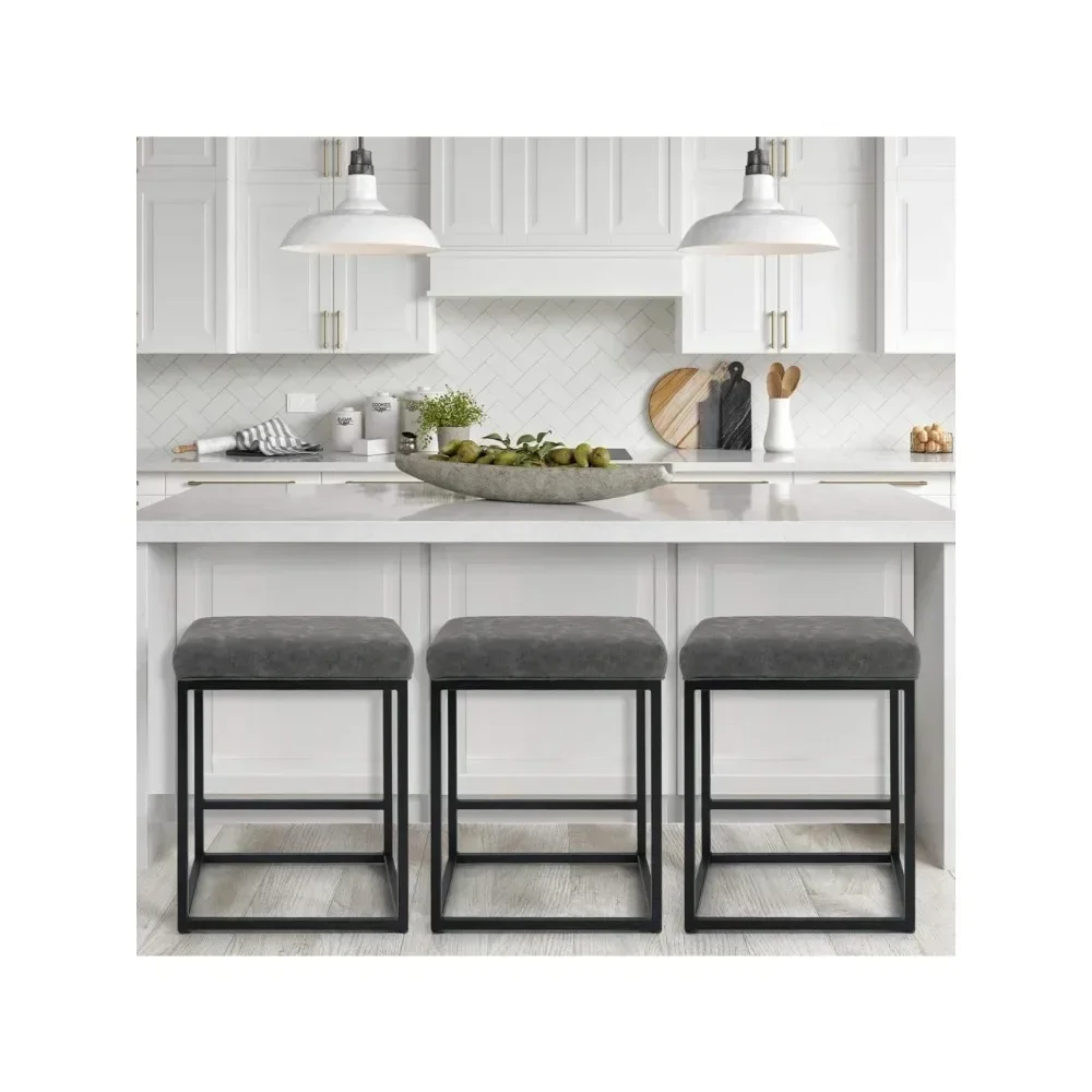 

Bar Stools Set of 3 - Thick Cushion Metal Steel Frame Base with Footrest Kitchen Stools