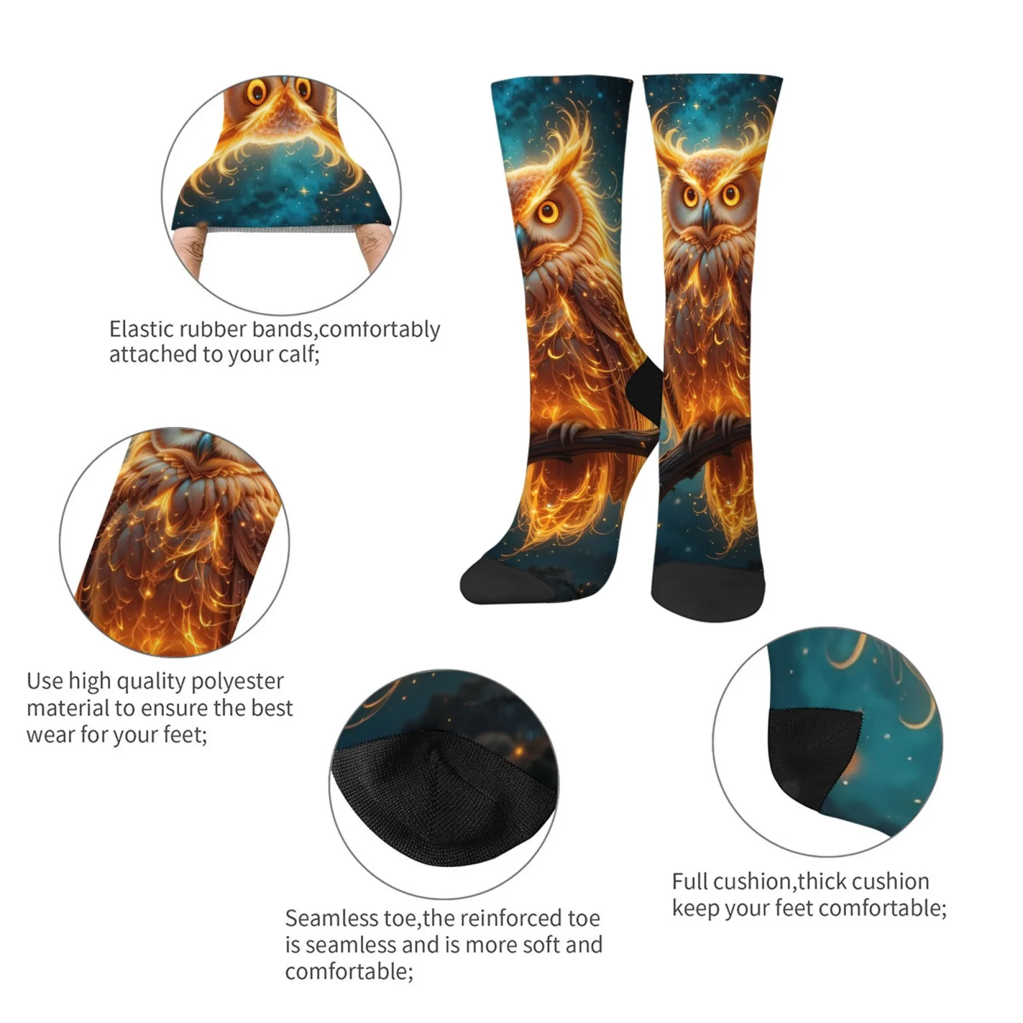 原宿レトロ夢のような輝くフクロウプリントメンズソックスノベルストリートスタイルゴージャスな動物テーマクルーソックスパーティーホリデーギフト