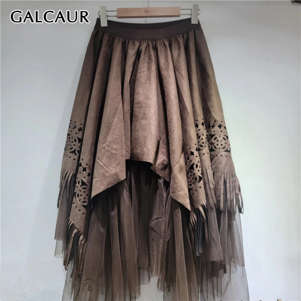 

GALCAUR Solid Spliced Tassel Irregular Skirt Female High Waist Patchwork Hollow Out Streetwear Women's Skirts Autumn Fashion New