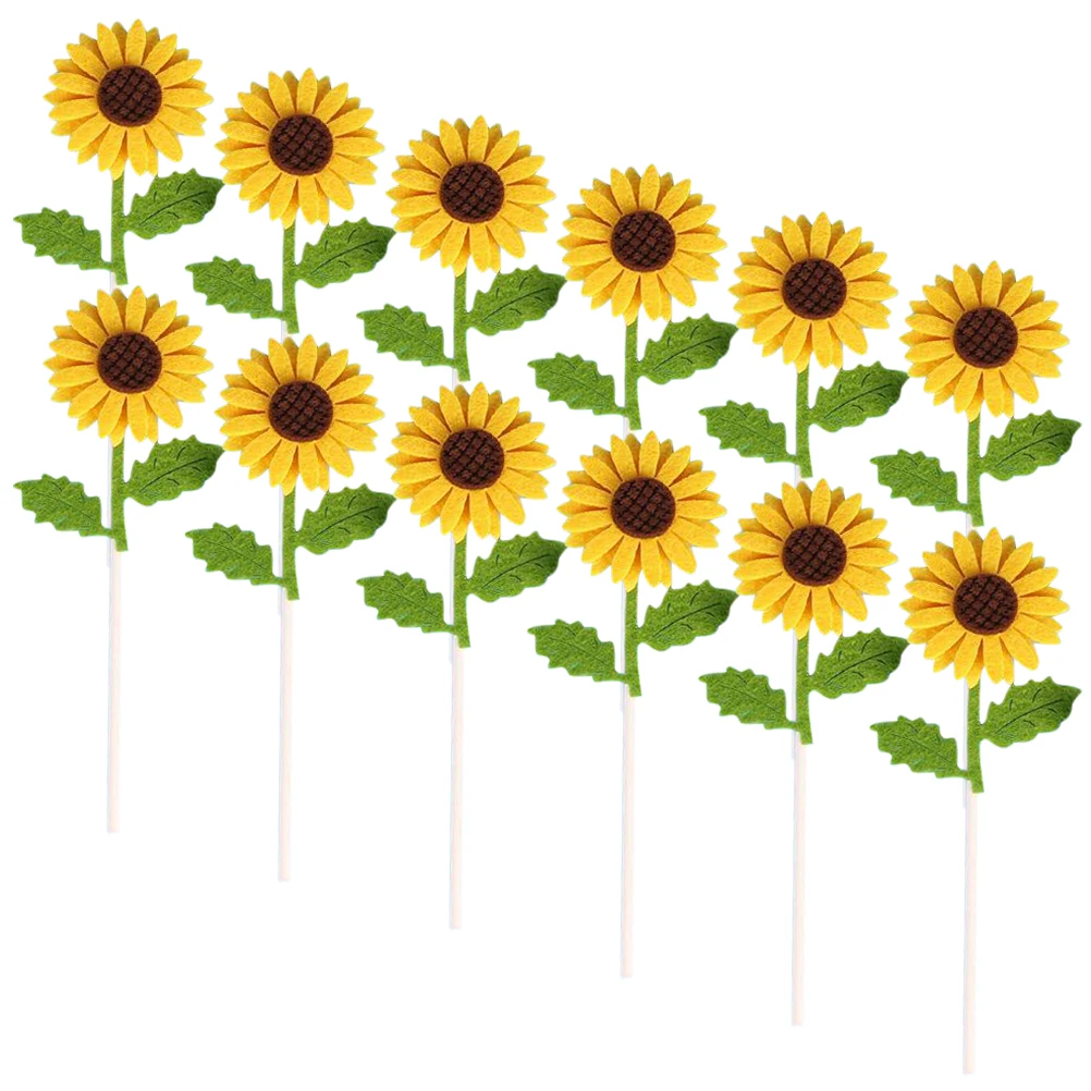 

12 Pcs Sunflower Cake Toppers Felt Picks Dessert Decorations Birthday Party Supplies Yellow Flowers Green Leaves Cake Decoration