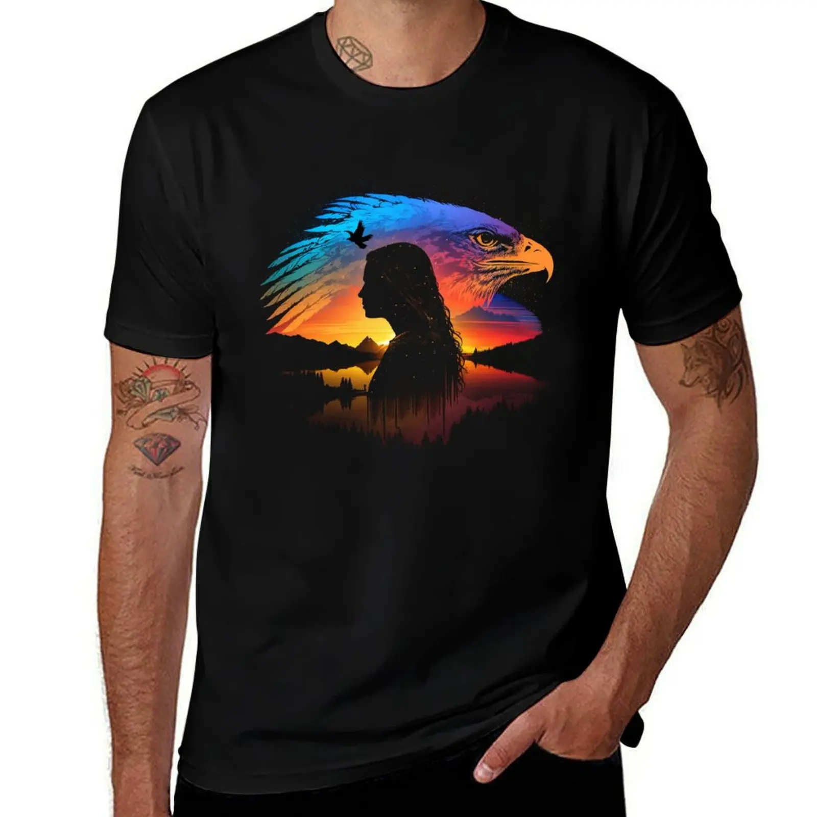 Silhouette American Native Woman with Eagle T-Shirt Fashion Print Casual Short Sleeve T-Shirt